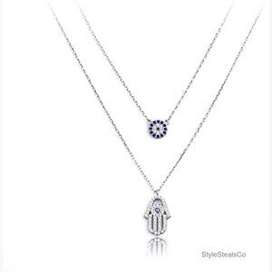 925 Sterling Silver Evil Eye Hamsa Pendant Necklace Set Layered Adjustable